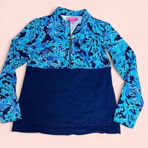 Lily Pulitzer Quarter Zip Long Sleeve Sweater Women’s Xsmall Blue Floral Preppy